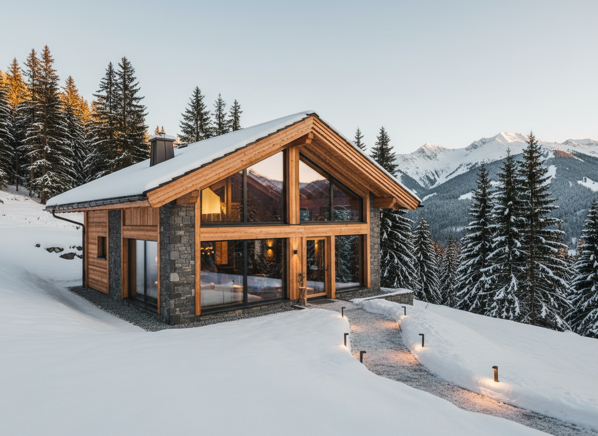 A luxurious alpine wellness chalet exterior in Turracher Höhe, built from warm natural wood and dark stone, with a steep snow-dusted roof and large panoramic windows glowing softly from within. The chalet stands on a gentle slope in Alpenpark, framed by tall evergreen trees and distant Austrian peaks. Late-afternoon golden hour light bathes the façade, reflecting on the glass and highlighting the rich wood textures. A freshly cleared path leads to the entrance, bordered by subtle outdoor lighting. Photographed at eye level with wide-angle lens, sharp focus throughout, creating a calm, inviting atmosphere that emphasizes seclusion, comfort, and high-end photographic realism for a professional rental website.