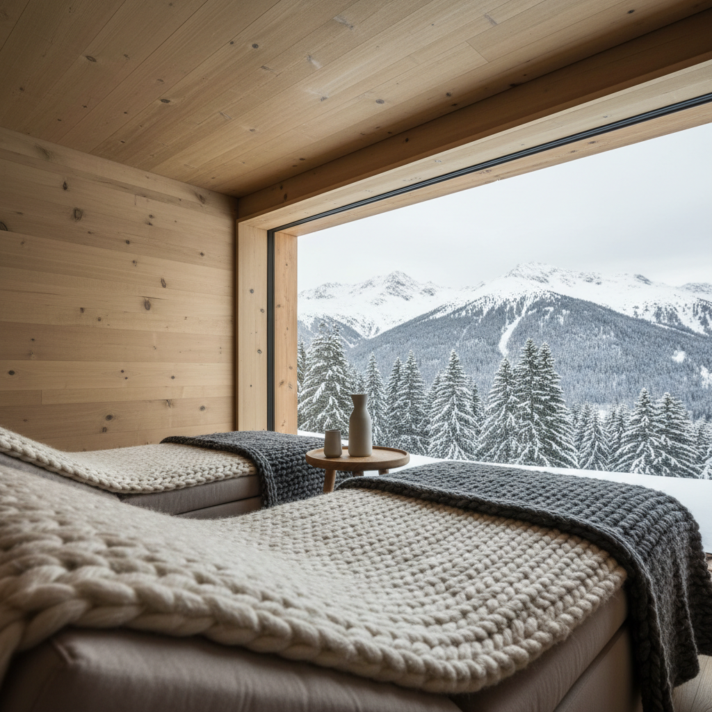A cozy upper-floor relaxation corner in a Turracher Höhe wellness chalet, featuring two large, plush loungers with textured wool throws facing a wide window that frames snow-covered treetops and distant mountain ridges. The interior walls and sloped ceiling are clad in light alpine wood, with visible grain and knots that add warmth. A small side table holds a simple ceramic carafe and glass. Soft overcast daylight filters through the window, creating an even, calming illumination with minimal shadow. Captured from a low, diagonal angle to emphasize depth and the inviting stretch of the loungers. The mood is serene, private, and contemplative, rendered in high-end photographic realism suitable for a professional chalet rental presentation.