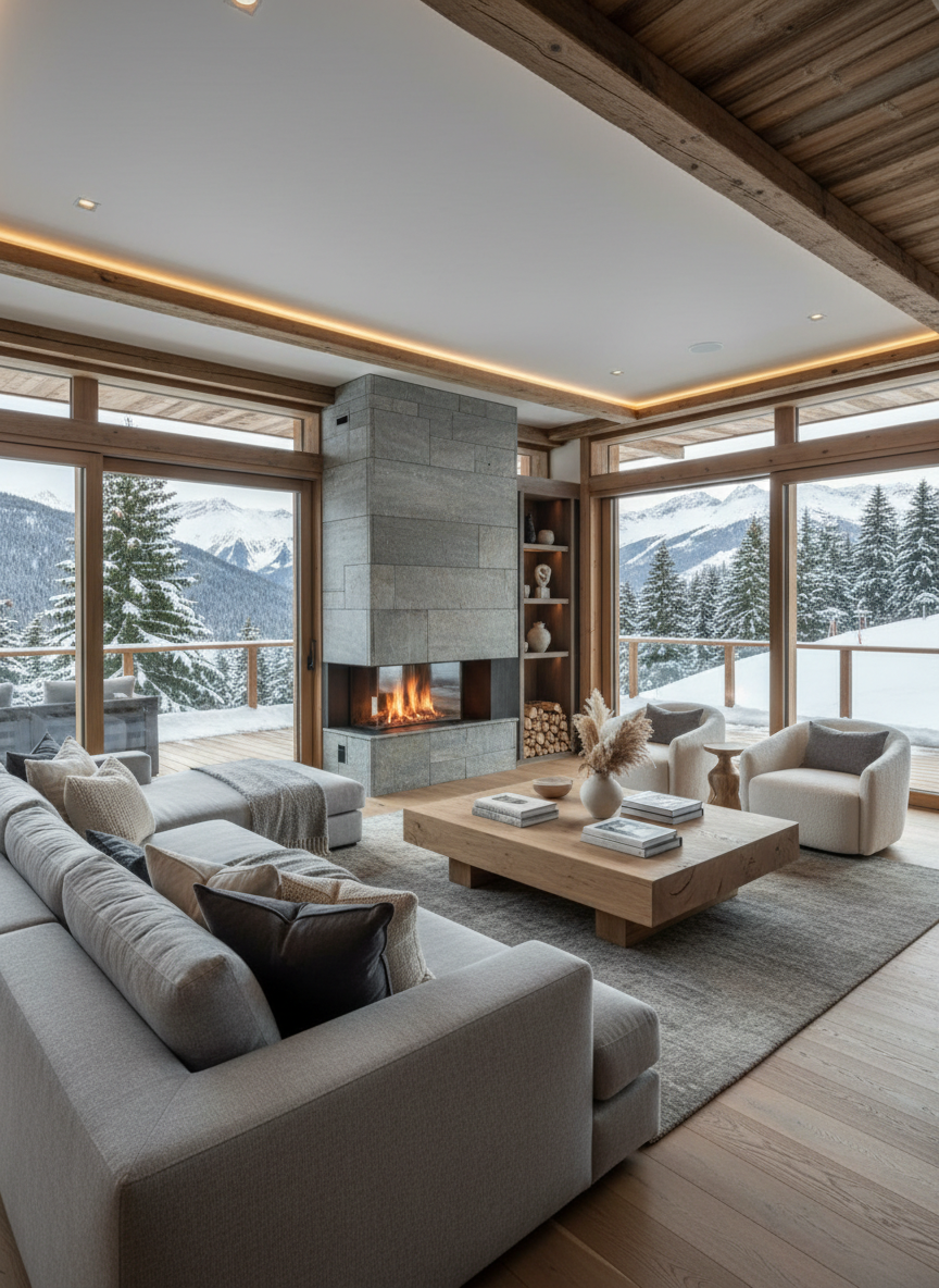 A spacious open-plan living area of a luxury wellness chalet, featuring a large L-shaped sofa in soft grey fabric, a low solid oak coffee table, and a modern stone-clad fireplace with a gentle flame. Floor-to-ceiling windows reveal snow-covered pines and ski slopes just beyond a wooden terrace. Soft, diffused daylight floods the room, complemented by warm recessed ceiling lights that create gentle highlights on the natural wood floors and exposed beams. Captured from a slightly elevated corner angle with a wide lens, maintaining sharpness across the entire space. The mood is serene, cozy, and upscale, with clean, photographic realism that showcases the room as a comfortable gathering place for a 16-person chalet.