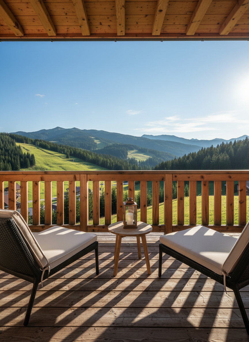 A wide balcony terrace of a high-end chalet overlooking Turracher Höhe, with a sturdy wooden railing, dark rattan lounge chairs with thick beige cushions, and a small table topped with a lantern-style outdoor light. The backdrop reveals gently rolling ski slopes, alpine meadows, and dense conifer forest under a bright blue sky. Late-afternoon sunlight casts long, gentle shadows across the wooden decking, highlighting its grain and texture. Shot from a low angle facing outward toward the landscape, with the foreground furniture in sharp focus and the mountains slightly softened for depth. The mood is peaceful and expansive, emphasizing nature, fresh air, and the year-round appeal of the Alpenpark setting in photographic realism.