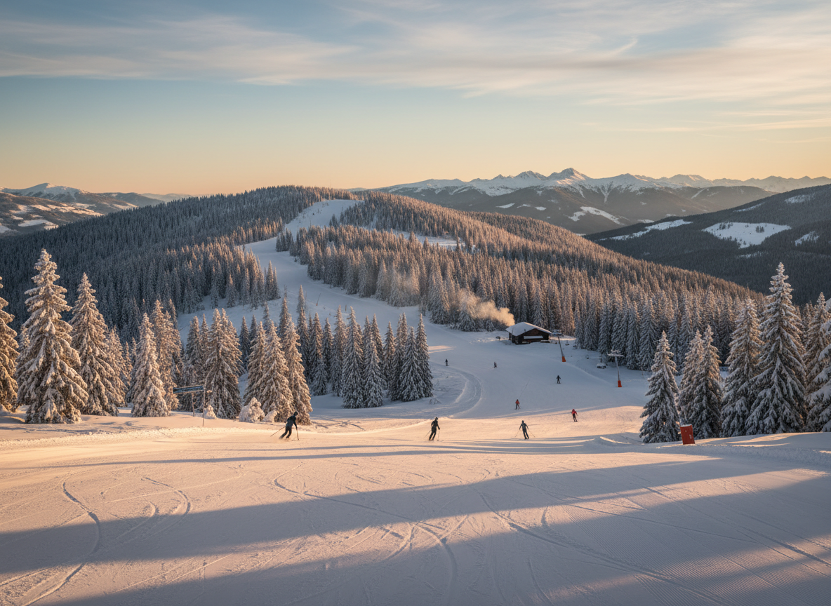 Winters berglandschap in Turracher Höhe met besneeuwde dennenbomen en piste, mooi licht en een uitnodigende sfeer