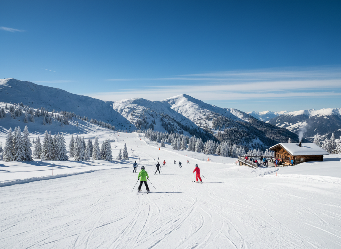Gezellige wintersport sfeer in Turracher Höhe met skiërs op de piste, besneeuwde berghellingen en een blauwe lucht