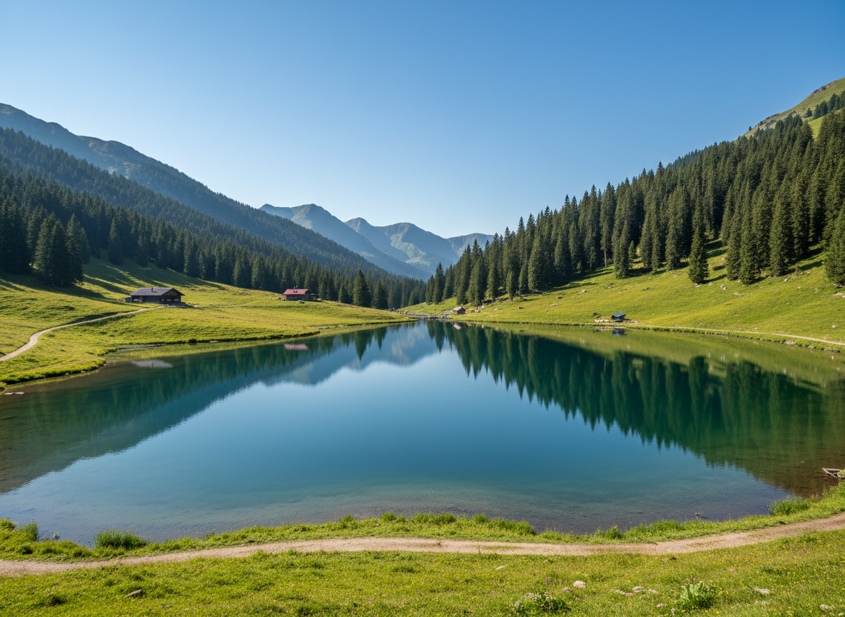 Zomerse sfeer in Turracher Höhe met helder bergmeer, groene alpenweides en dennenbomen onder een blauwe lucht