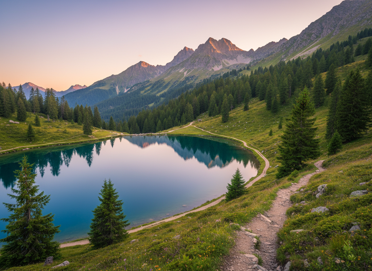 Zomerse bergen bij Turracher Höhe met wandelpad langs een bergmeer, groene dennenbossen en zachte avondzon