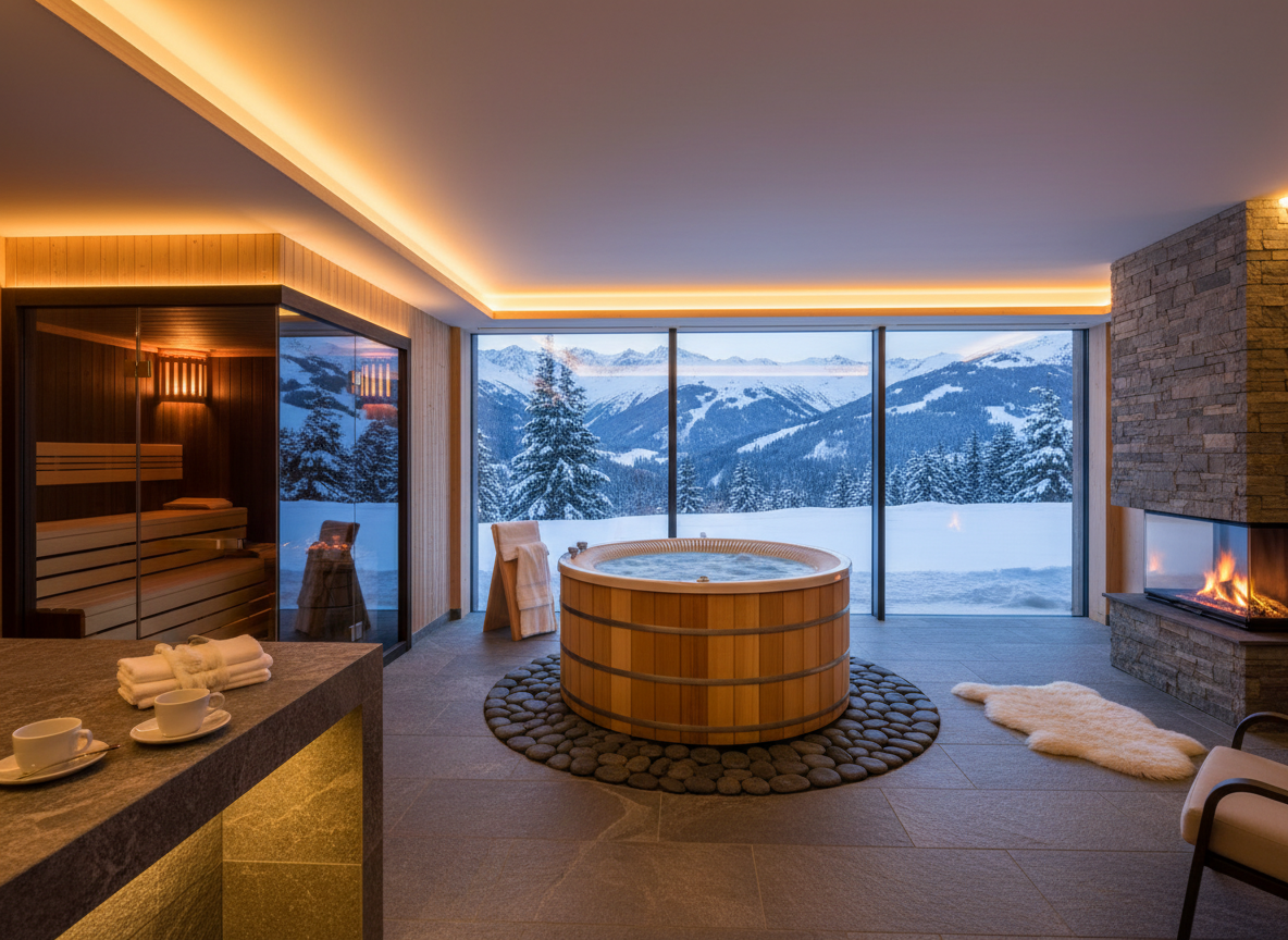 Luxe wellnessruimte in een chalet in Turracher Höhe met sauna, jacuzzi en grote ramen met uitzicht op besneeuwde bergen, warme sfeerverlichting